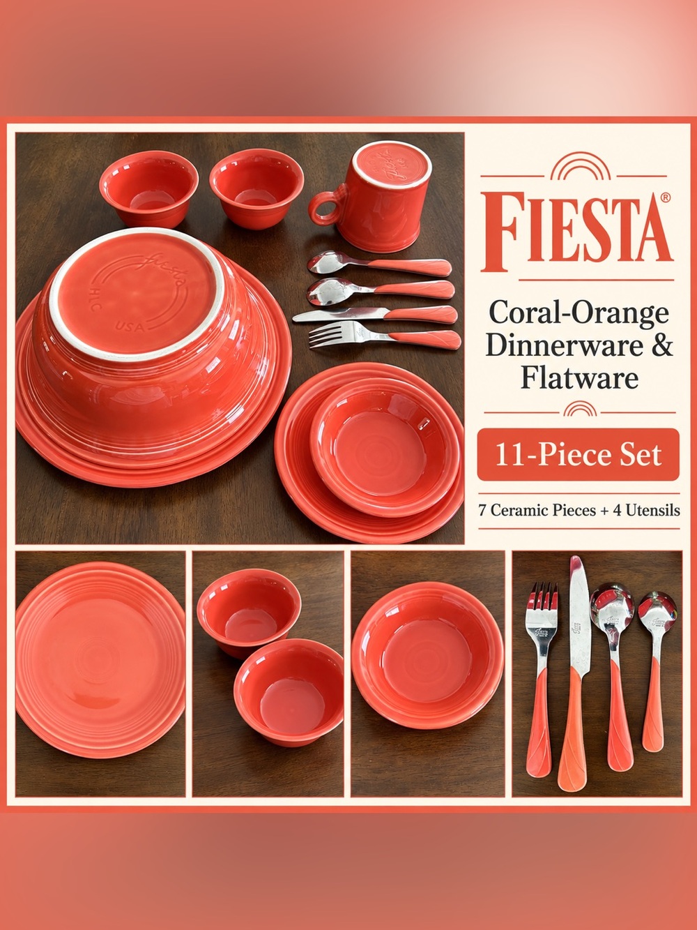 Fiesta Coral-Orange Dinnerware & Matching Flatware — 11 Pieces
